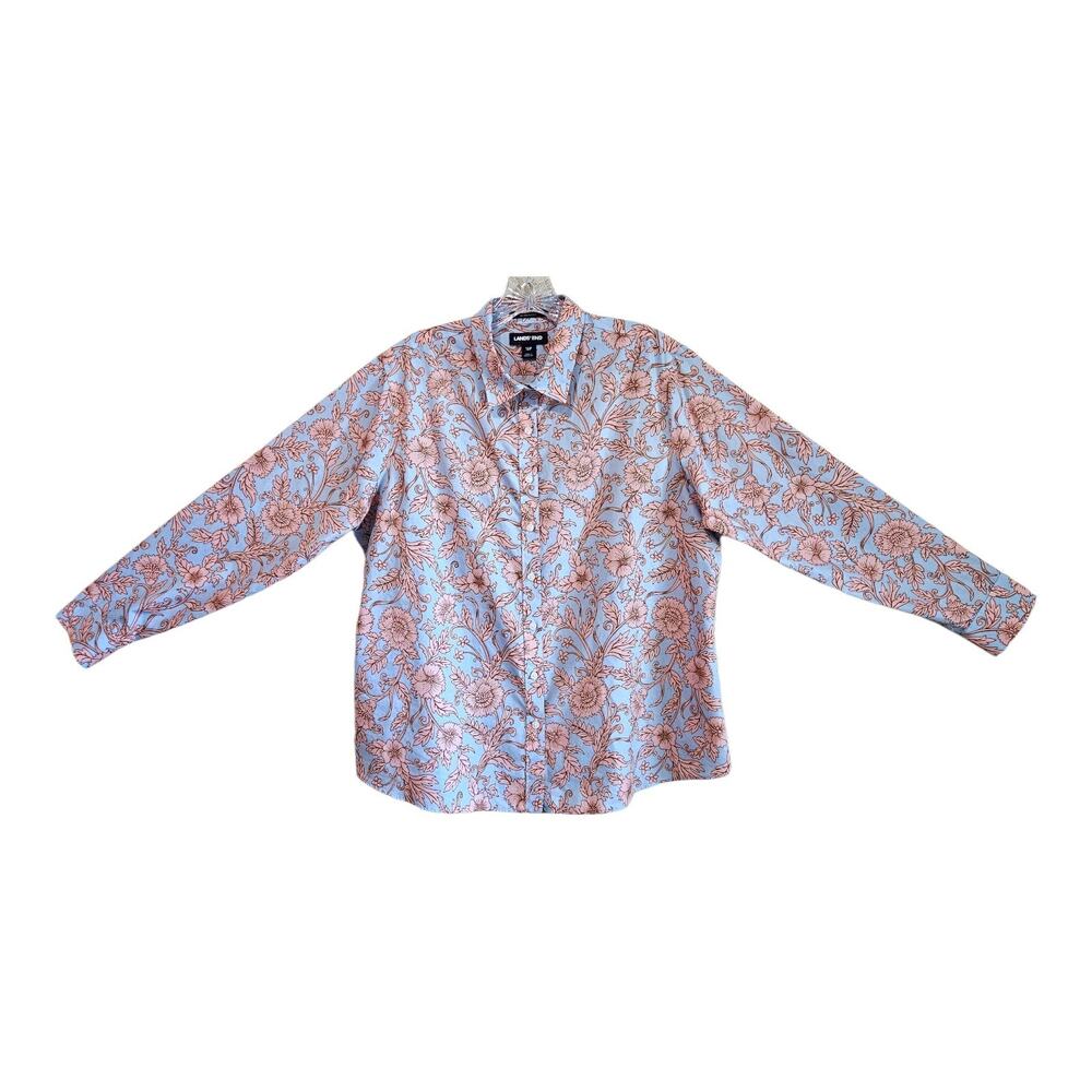 LANDS END Women Petite 16P Blouse Button Up Floral Blue Peach Supima Cotton 44"